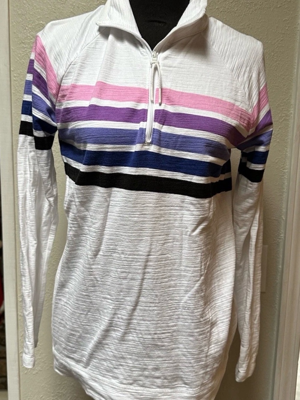 Talbots White Half-Zip Long Sleeve Top with Pink, Purple & Navy Stripes Size~ 1x